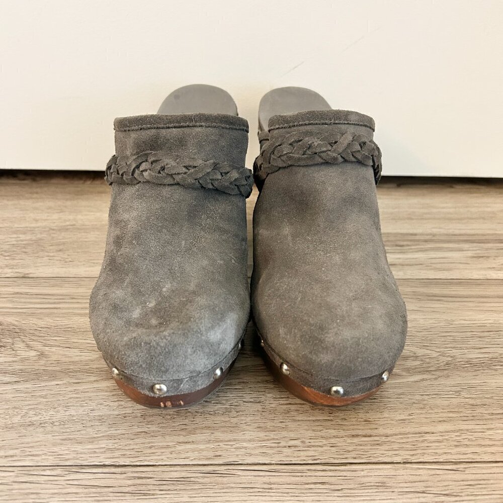 UGG Australia Dark Gray Fleece Kaylee Wooden Platform Clogs Size 9 - Picture 3 of 10